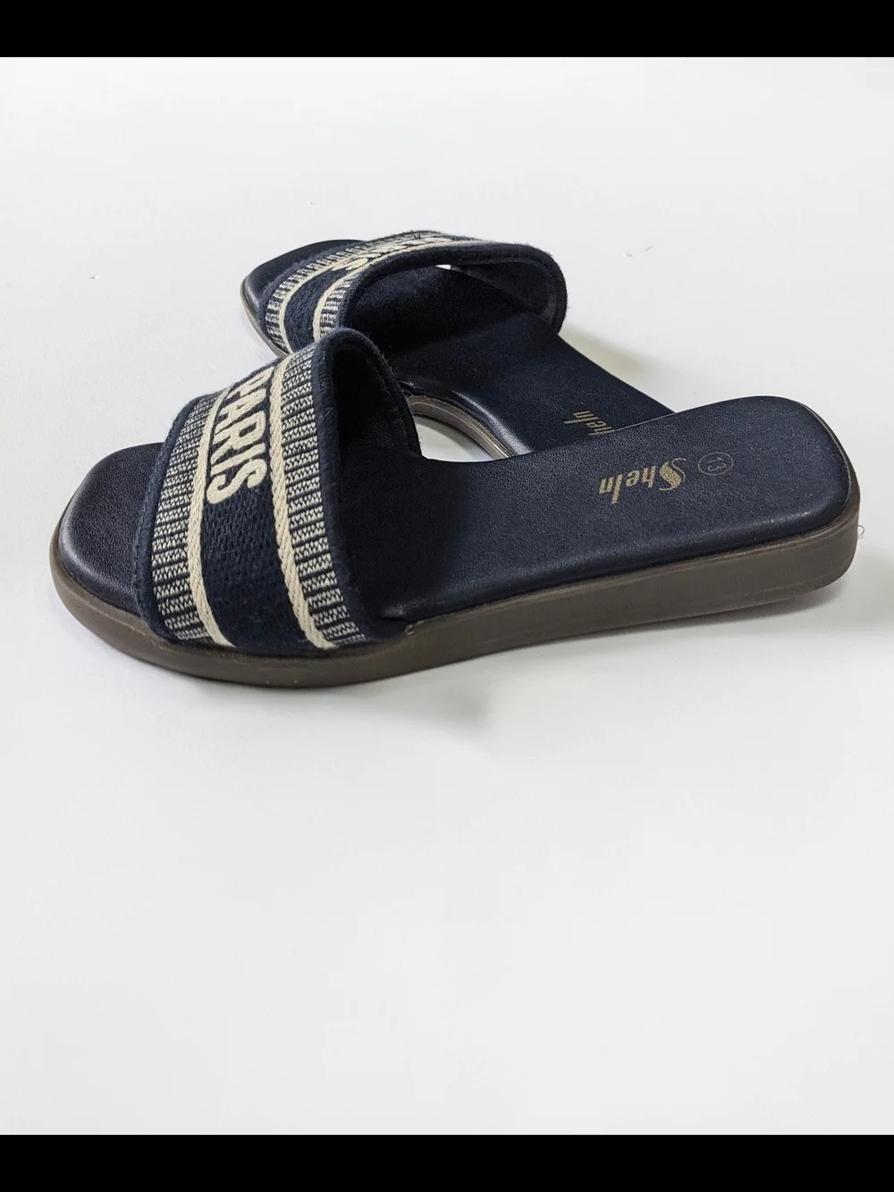 ⚡Girls SHEIN Navy Slide Sandals with 'PARIS' Cream Woven Band